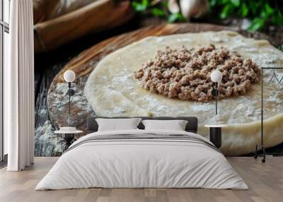 Making Dumplings. Minced meat filling on raw dough slices. Convenience Food, cooking process on rustic wooden table. Close-up shot. Soft focus , ai Wall mural