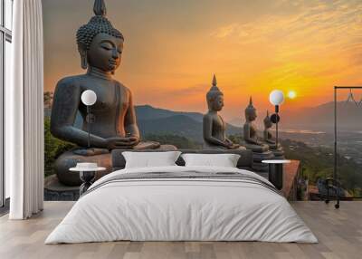 Many Statue buddha image at sunset in southen of Thailand , ai Wall mural