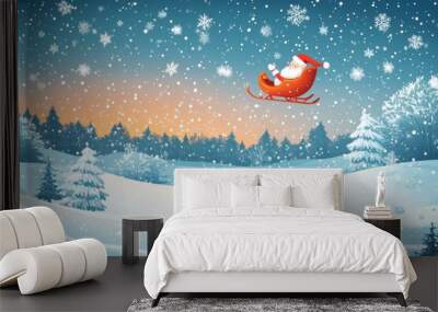 Merry christmas and happy new year greeting card with copy-space. Winter night landscape.Santa and his sleigh flying over snowy landscape, ai Wall mural