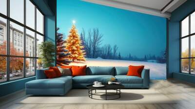 merry christmas background featuring a snow-covered landscape with a decorated pine tree on the left, twinkling fairy lights, and a clear blue sky, ample copy space on the right, intense dark, ai Wall mural