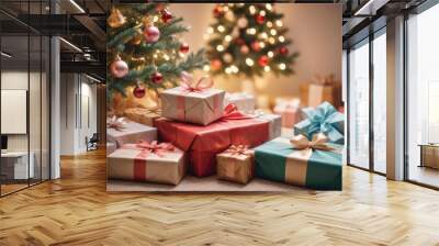 merry christmas background with a close-up of beautifully wrapped gifts under a decorated tree, soft fairy lights in the background, copy space above, high detail, vibrant color, ai Wall mural