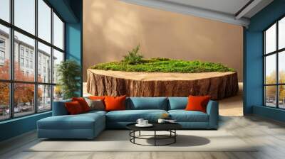 Minimalist Luxury old wooden cut, bark tree pedestal podium with green moss composition beige surface table and brown background product display for organic eco cosmetic and skin care , ai Wall mural