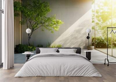 Modern home interior design with zen garden. Luxury house with empty concrete wall with sun light, green tree and outdoor plants , ai Wall mural