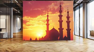 Mosque sunset islamic frame, vertical image, social media story, Ramadan or islamic concept wallpaper, ai Wall mural