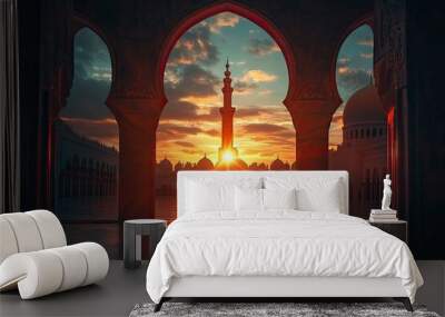 Mosque sunset islamic frame, vertical image, social media story, Ramadan or islamic concept wallpaper , ai Wall mural