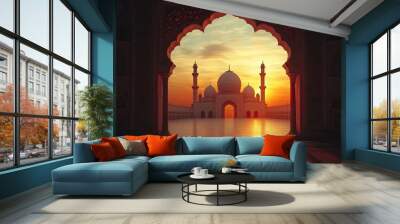 Mosque sunset islamic frame, vertical image, social media story, Ramadan or islamic concept wallpaper , ai Wall mural