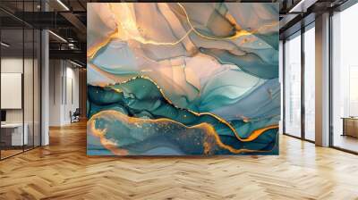 Natural luxury abstract fluid art painting in alcohol ink technique. Tender and dreamy wallpaper. Mixture of colors creating transparent waves and golden swirls. For posters, other printed , ai Wall mural