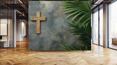 Palm sunday background. Cross and palm on grey background , ai Wall mural