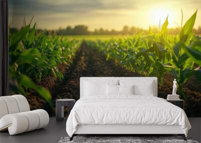 Panoramic view of corn field plantation growing up , ai Wall mural