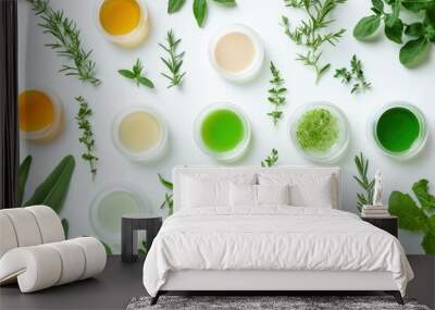 Petri dishes, cosmetic gel swatches and plants isolated on white background, copy space. Bio science research, biochemistry, organic vegan skin care concept , ai Wall mural