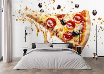 Pizza slice flying, isolated on white background. Delicious peperoni pizza slices pepperonis and olives, with melting cheese, ai Wall mural