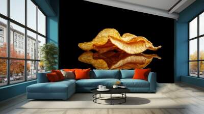 Potato Chips on Reflective Surface With Black Background , ai Wall mural