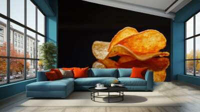 Potato Chips on Reflective Surface With Black Background , ai Wall mural