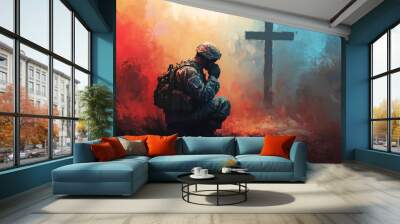 Powerful faith! Christian soldier kneels in prayer, cross looming in the backdrop. Embrace divine strength with this captivating digital painting , ai Wall mural