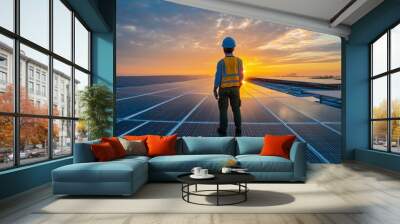 Professional Engineer Service Solar Panel. Worker Maintenance Cleaning Replacing Solar Panel. Solar photovoltaic panel system in Industry roof. Saving Energy with Clean Power, ai Wall mural