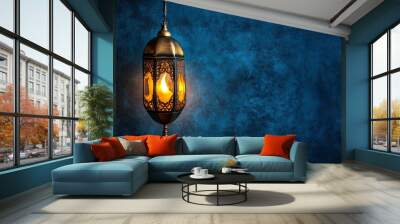 Ramadan background Vintage lantern lamp with crescent moon isolated on blue colour background with copy space for greeting text, 2024 Islamic festival photography , ai Wall mural