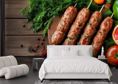 Raw kebab from meat on a wooden background with vegetables. Top view. Free space for text , ai Wall mural