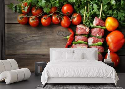 Raw kebab from meat on a wooden background with vegetables. Top view. Free space for text , ai Wall mural