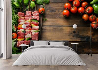 Raw kebab from meat on a wooden background with vegetables. Top view. Free space for text , ai Wall mural