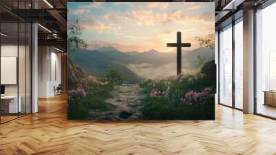 Religious representation with cross and nature landscape background , ai Wall mural