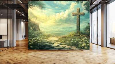 Religious representation with cross and nature landscape background , ai Wall mural