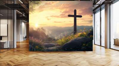 Religious representation with cross and nature landscape background , ai Wall mural