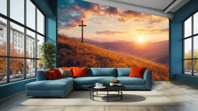 Serene Sunrise Behind Cross on Hill, Spiritual Awakening Concept , ai Wall mural