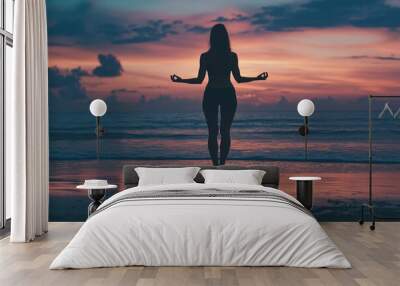 Silhouette lady practice yoga for healthy on the beach with twilight sky background , ai Wall mural