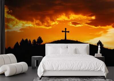 Silhouette of Cristian cross wood on top of hill at sunset , ai Wall mural