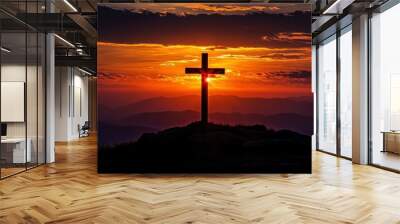 Silhouette of Cristian cross wood on top of hill at sunset , ai Wall mural