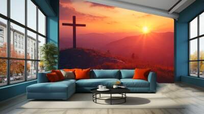 Silhouette of Cristian cross wood on top of hill at sunset , ai Wall mural