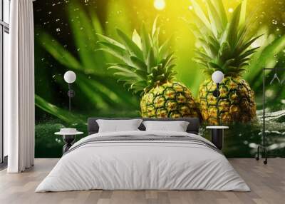 Sliced and half of Pineapple(Ananas comosus) on wooden table with blurred garden background.Sweet, and juicy taste Have a lot of fiber,vitamins C and minerals  or healthcare concept , generative ai Wall mural