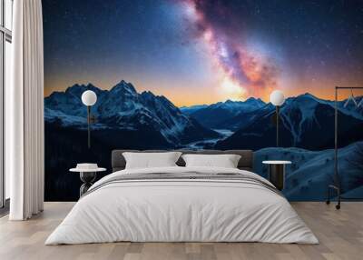 Snow mountains with dramatic starry evening galaxy Beautiful HD wallpaper, ai Wall mural