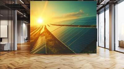 Solar farm and sun light. Solar power for green energy. Sustainable renewable energy. Photovoltaic power station or solar park. Solar panel installation and maintenance concept. Energy, ai Wall mural