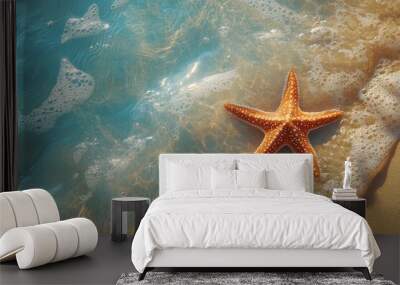 Starfish on the summer beach in sea water. Summer background. Summer time, ai Wall mural