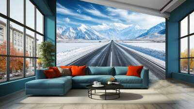 Straight asphalt highway road and snow mountains with sky clouds natural landscape. car background , ai Wall mural