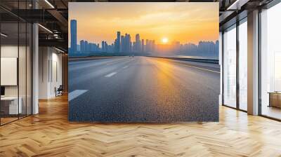 Straight asphalt highway road with modern city buildings at sunrise in Chongqing , ai Wall mural