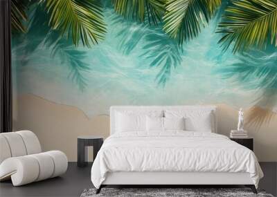 summer beach background of sand, sea and palm leaves , ai Wall mural