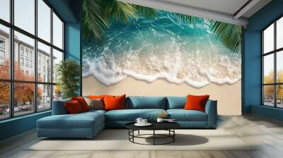 summer beach background of sand, sea and palm leaves , ai Wall mural