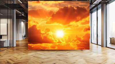 Sunset sky clouds in the evening summer with Orange, Yellow sunlight in Golden hour or morning sunrise, Horizon sky nature background , ai Wall mural