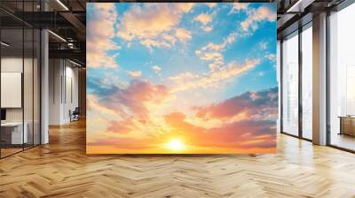 Sunset sky clouds in the evening summer with Orange, Yellow sunlight in Golden hour or morning sunrise, Horizon sky nature background , ai Wall mural