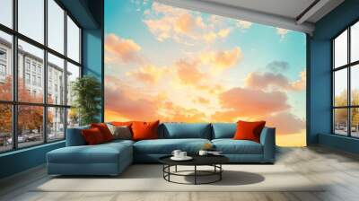 Sunset sky clouds in the evening summer with Orange, Yellow sunlight in Golden hour or morning sunrise, Horizon sky nature background , ai Wall mural