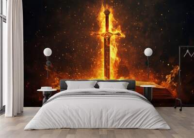 Sword of the spirit. Holy bible. For the word of God is living and active, sharper than any double-edged sword. Flaming sword of the spirit and the word of god concept art. With copy space, ai Wall mural