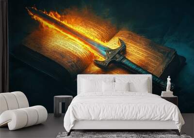 Sword of the spirit. Holy bible. For the word of God is living and active, sharper than any double-edged sword. Flaming sword of the spirit and the word of god concept art. With copy space , ai Wall mural