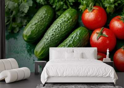 the freshest cucumbers and tomatoes for salad on a green background , ai Wall mural