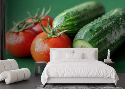 the freshest cucumbers and tomatoes for salad on a green background , ai Wall mural