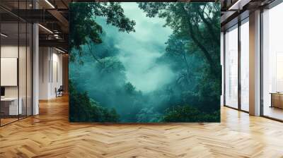 The scene captures the dense, lush green trees shrouded in a mystical layer of fog, creating a serene and tranquil atmosphere. The forest is rich with various shades of green , ai Wall mural