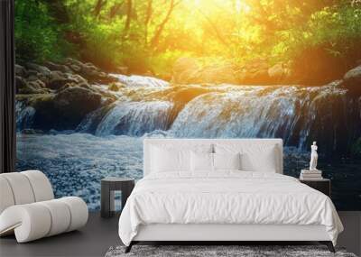 Tranquil and peaceful nature background of beautiful river stream flowing through natural cascades and wet stones with sunlight shining gently , ai Wall mural