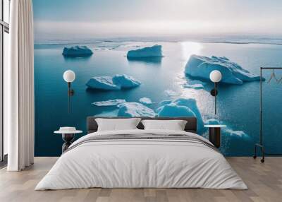 Tranquil Arctic scene icebergs floating blue ocean. Broken sea ice under bright blue sky sunlight. Glacier melting in polar summer, aerial. Ecology, melting ice, climate change, global warming, ai Wall mural