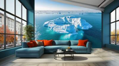 Tranquil Arctic scene icebergs floating blue ocean. Broken sea ice under bright blue sky sunlight. Glacier melting in polar summer, aerial. Ecology, melting ice, climate change, global warming, ai Wall mural